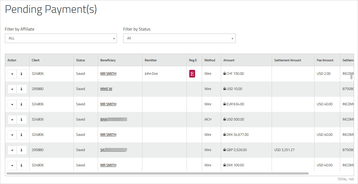 Pending payments page